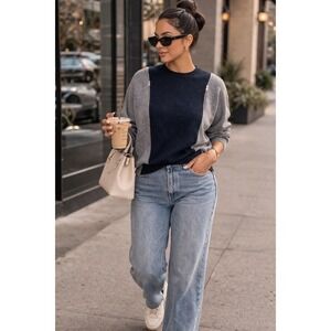 Autumn Cashmere Sweater Womens M Navy Grey Excellent Zip Shoulder Dolman Sleeve